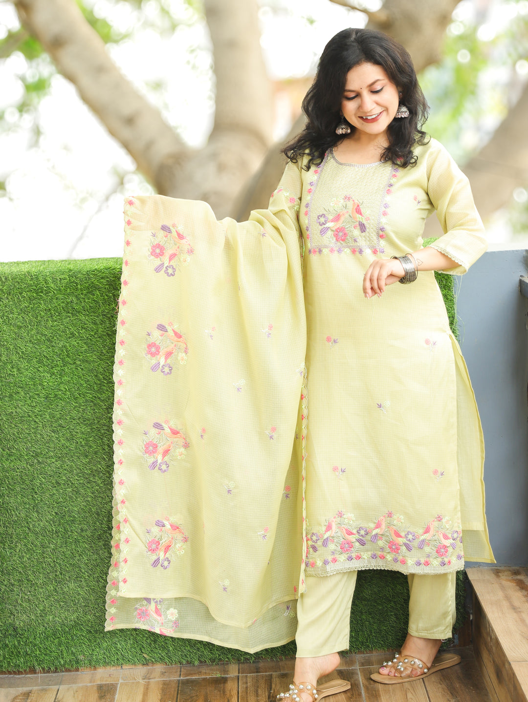 Nandini Celadon Green Moti with Bird Embroidered Yoke Work Kota Doriya 3 Piece Set