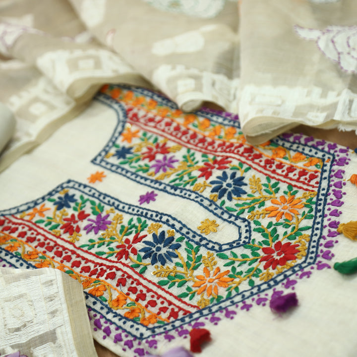 Avika Hazel Beige Kolkata Hand Embroidered Work Chanderi Set D5
