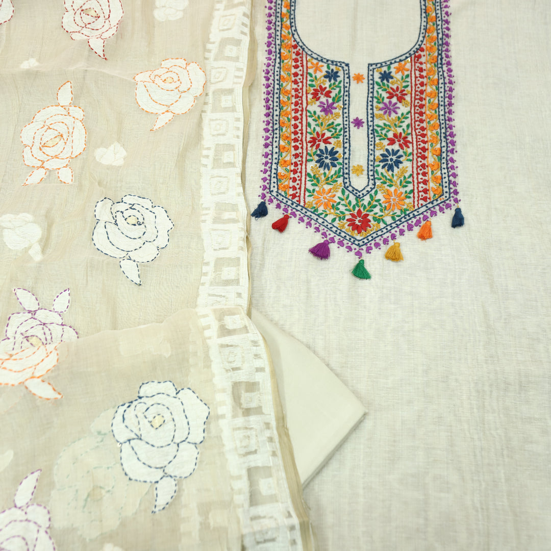 Avika Hazel Beige Kolkata Hand Embroidered Work Chanderi Set D5