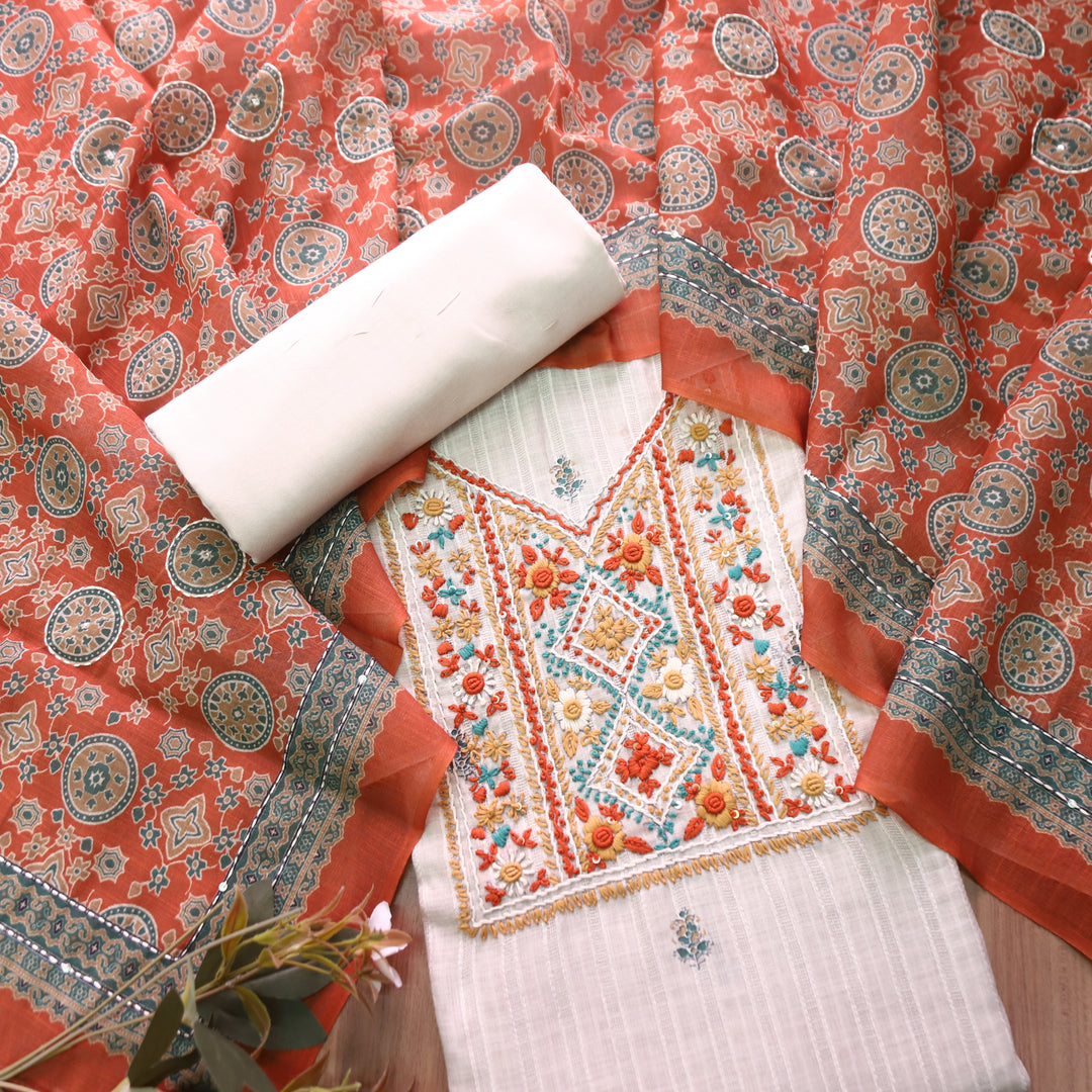 Avantika Beige with Orange Kolkata Hand Embroidered Cotton Linen Set
