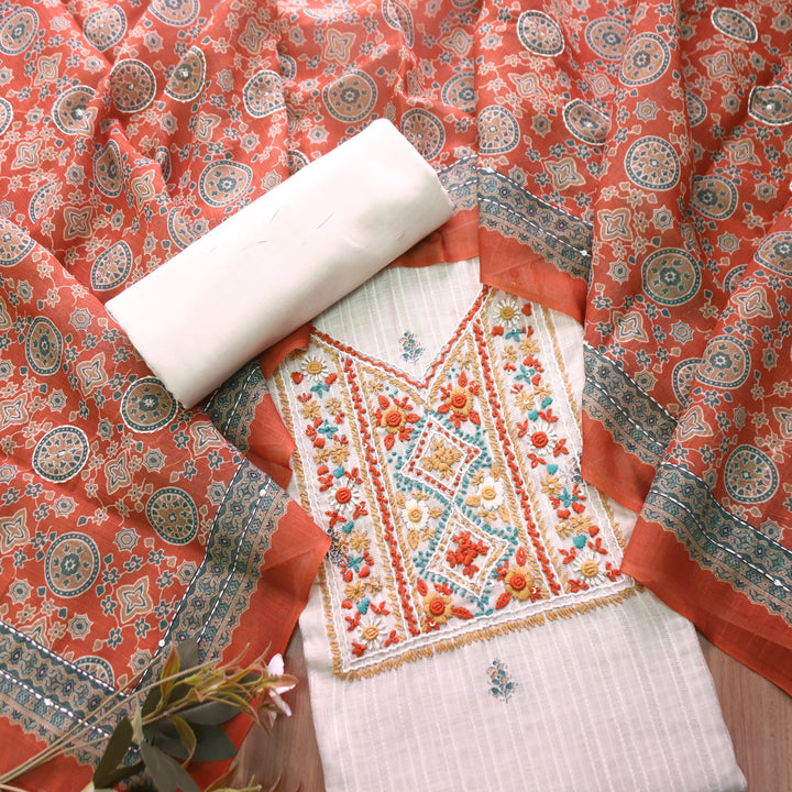 Avantika Beige with Orange Kolkata Hand Embroidered Cotton Linen Set