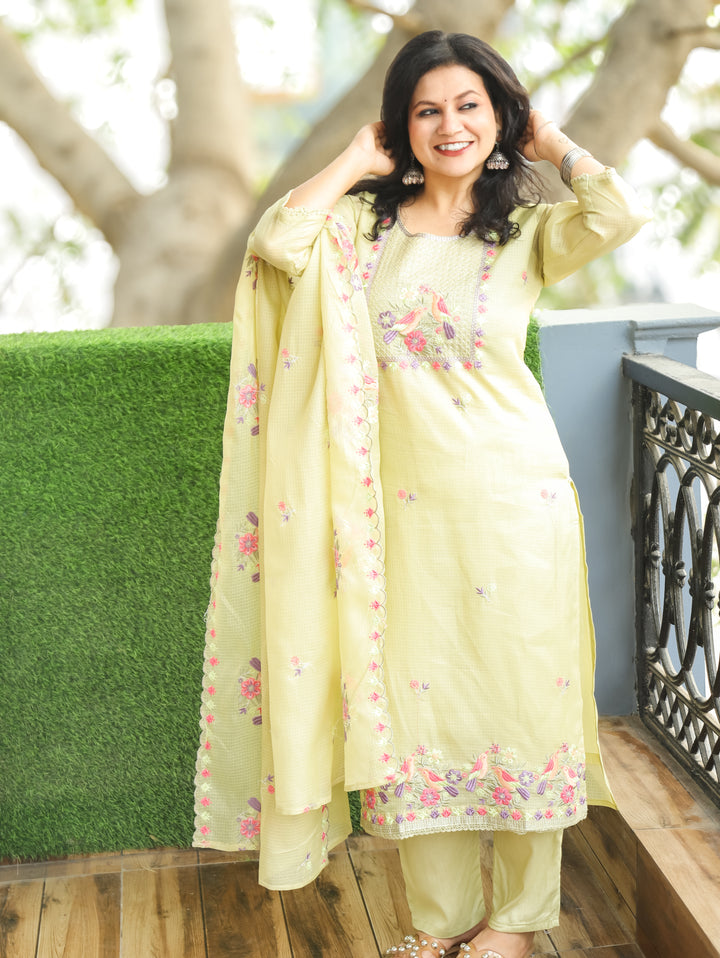 Nandini Celadon Green Moti with Bird Embroidered Yoke Work Kota Doriya 3 Piece Set