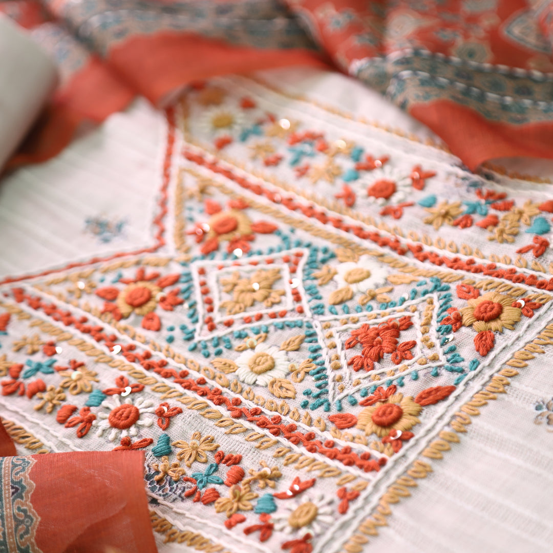 Avantika Beige with Orange Kolkata Hand Embroidered Cotton Linen Set