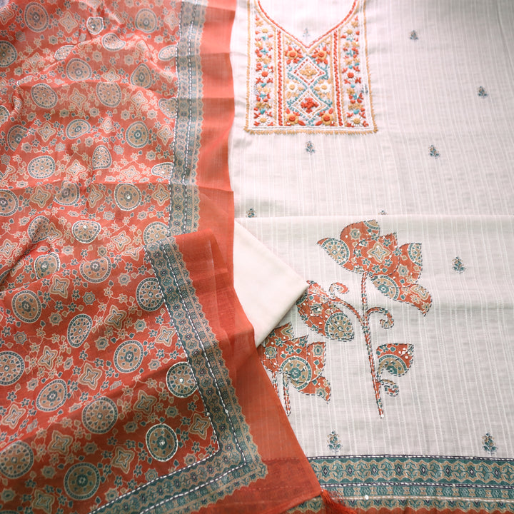 Avantika Beige with Orange Kolkata Hand Embroidered Cotton Linen Set