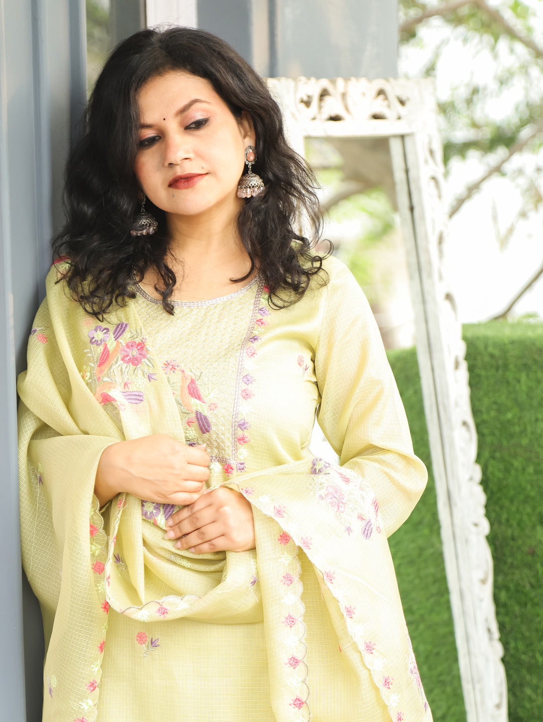 Nandini Celadon Green Moti with Bird Embroidered Yoke Work Kota Doriya 3 Piece Set