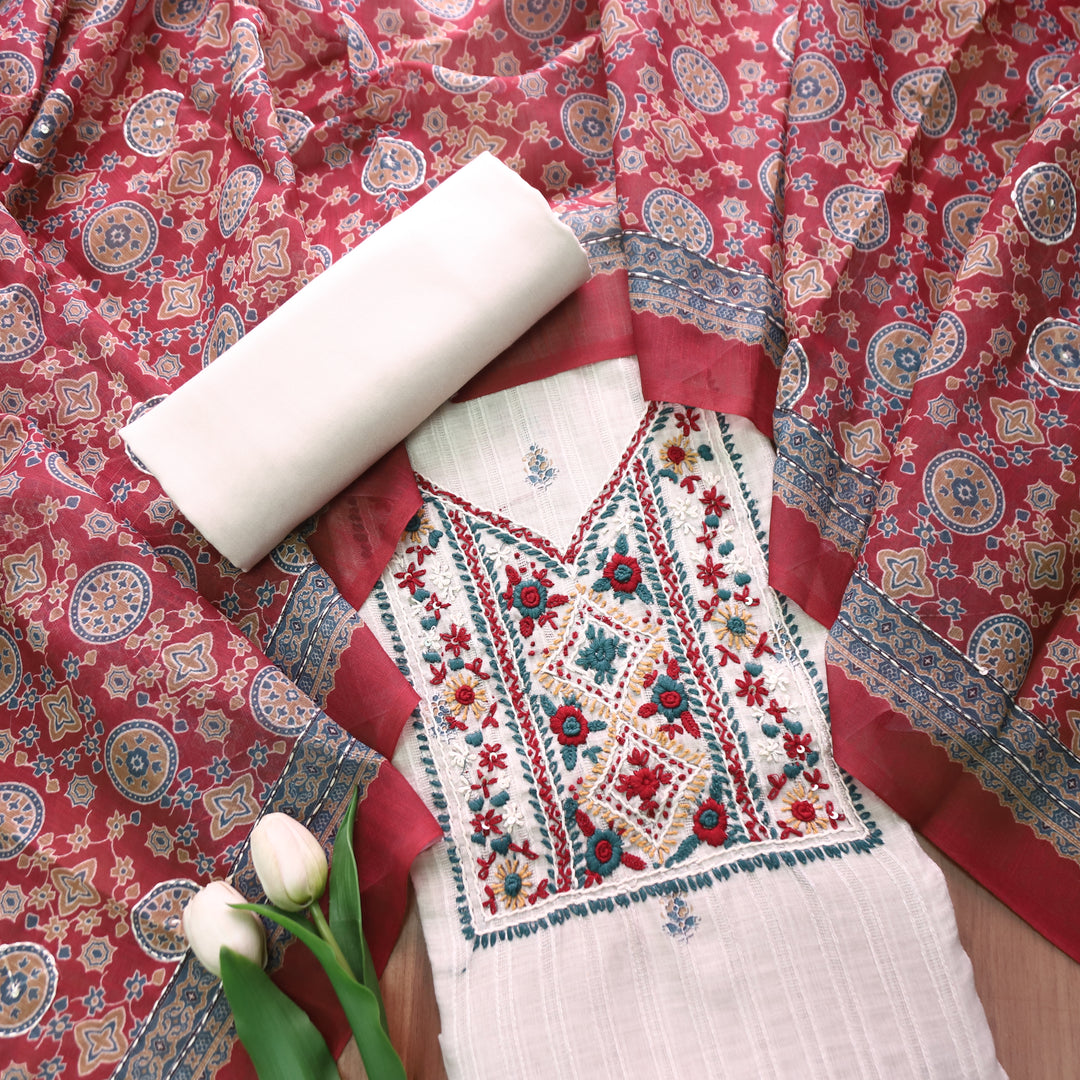 Avantika Beige with Red Kolkata Hand Embroidered Cotton Linen Set