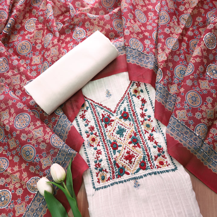 Avantika Beige with Red Kolkata Hand Embroidered Cotton Linen Set