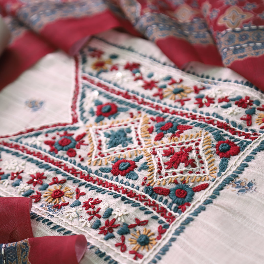 Avantika Beige with Red Kolkata Hand Embroidered Cotton Linen Set