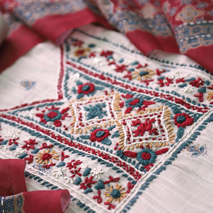 Avantika Beige with Red Kolkata Hand Embroidered Cotton Linen Set