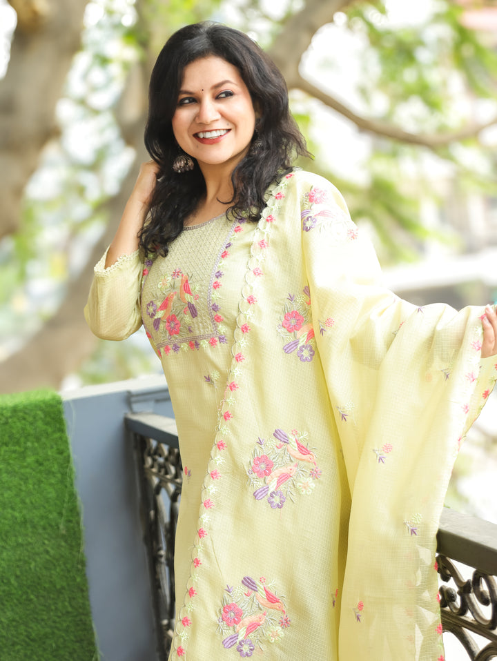 Nandini Celadon Green Moti with Bird Embroidered Yoke Work Kota Doriya 3 Piece Set