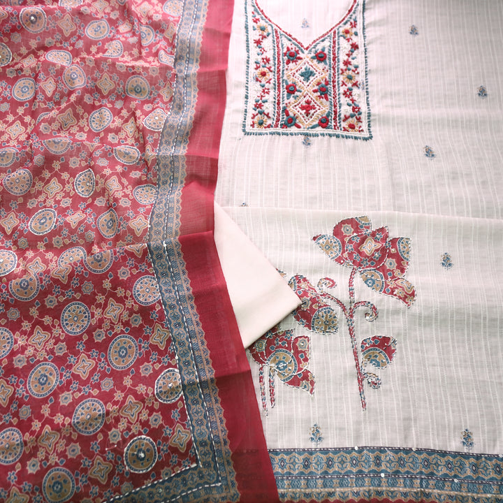Avantika Beige with Red Kolkata Hand Embroidered Cotton Linen Set