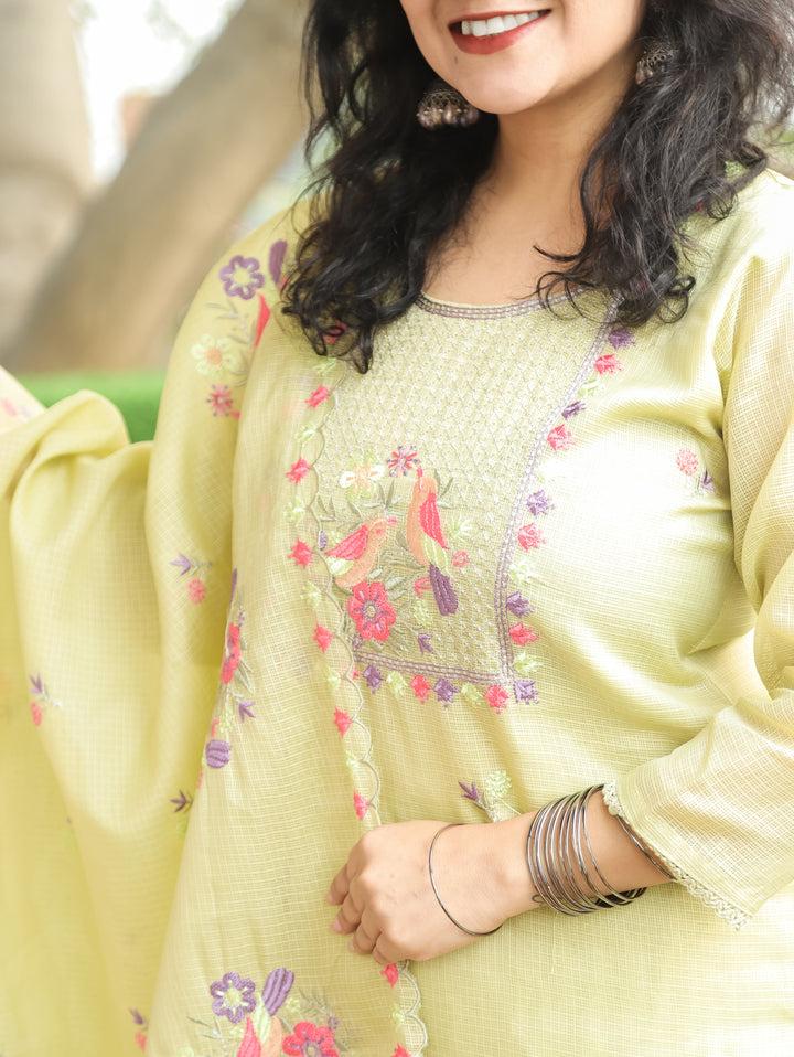 Nandini Celadon Green Moti with Bird Embroidered Yoke Work Kota Doriya 3 Piece Set