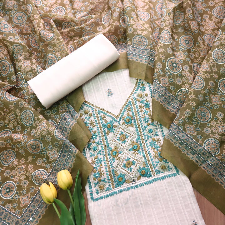 Avantika Beige with Green  Kolkata Hand Embroidered Cotton Linen Set