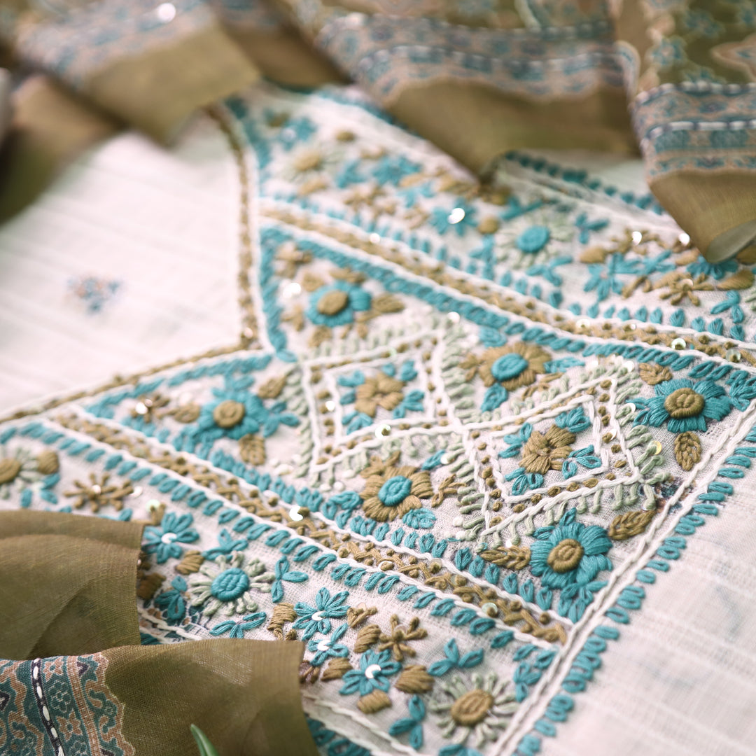 Avantika Beige with Green  Kolkata Hand Embroidered Cotton Linen Set