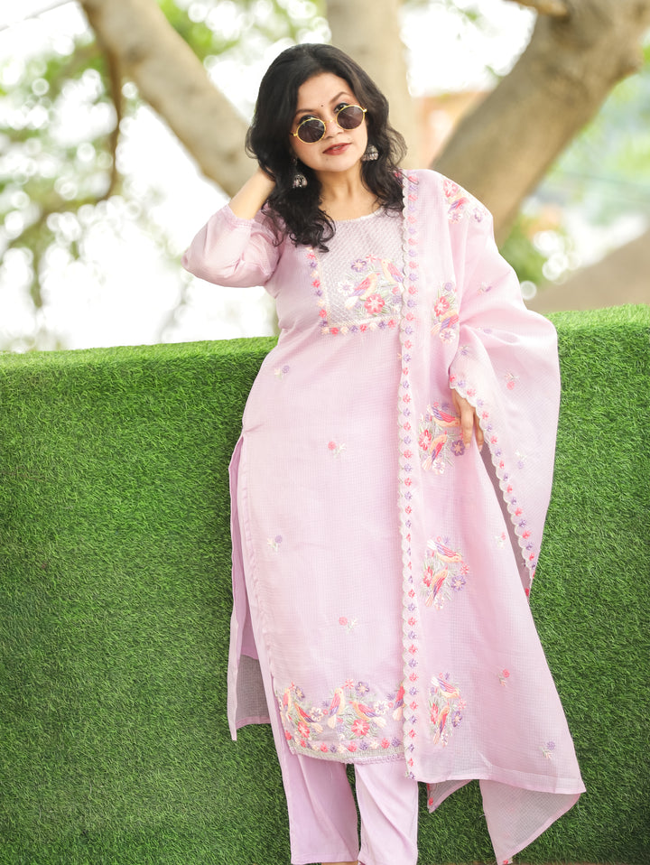 Nandini Orchid Purple Moti with Bird Embroidered Yoke Work Kota Doriya 3 Piece Set