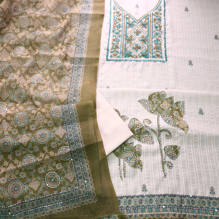 Avantika Beige with Green  Kolkata Hand Embroidered Cotton Linen Set