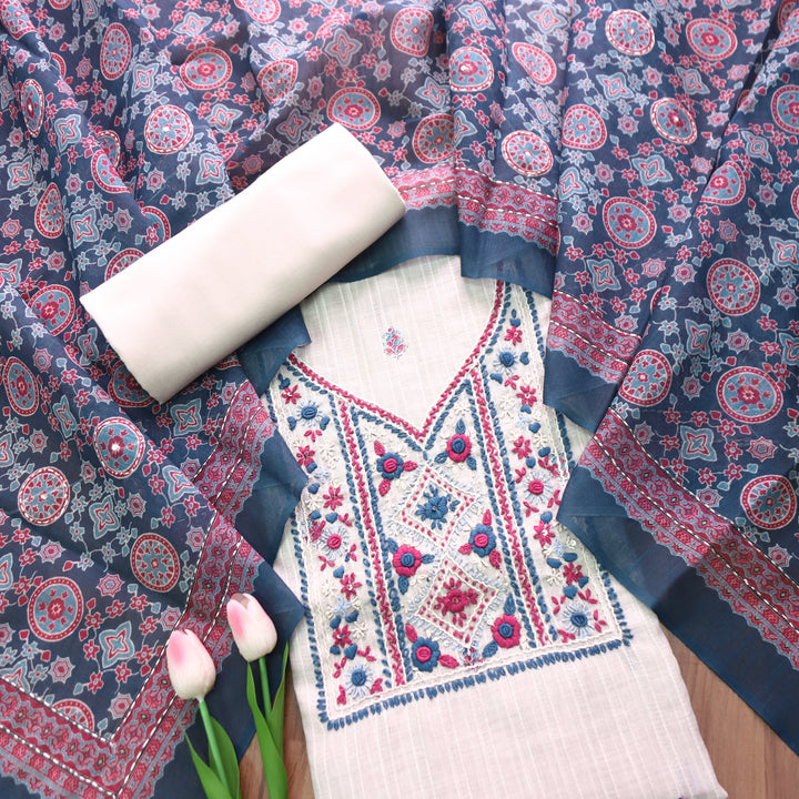 Avantika Beige with Blue Kolkata Hand Embroidered Cotton Linen Set