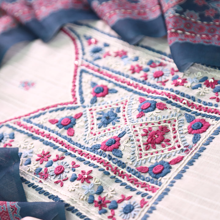Avantika Beige with Blue Kolkata Hand Embroidered Cotton Linen Set