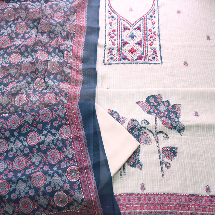 Avantika Beige with Blue Kolkata Hand Embroidered Cotton Linen Set