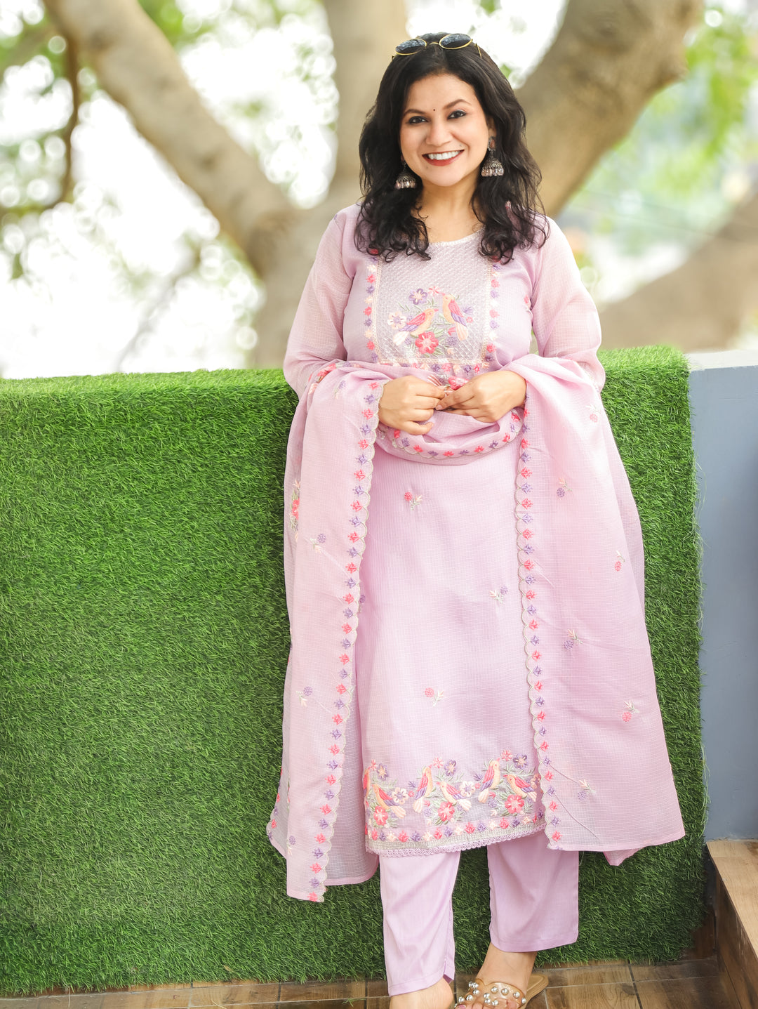 Nandini Orchid Purple Moti with Bird Embroidered Yoke Work Kota Doriya 3 Piece Set