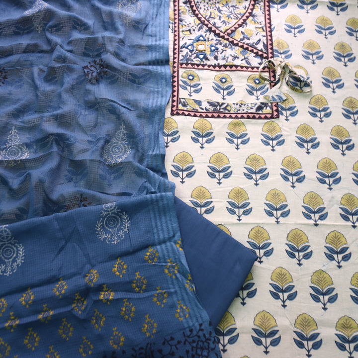 Shakuntala Ivory Beige Angrakha Neck Kutch Work Cotton Set D3