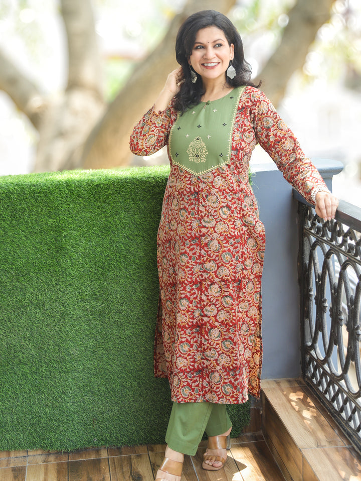 Darla Green Red Kalamkari Cotton 2 PIece Set