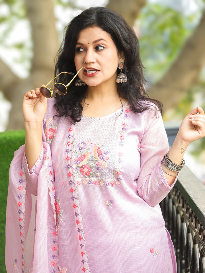 Nandini Orchid Purple Moti with Bird Embroidered Yoke Work Kota Doriya 3 Piece Set