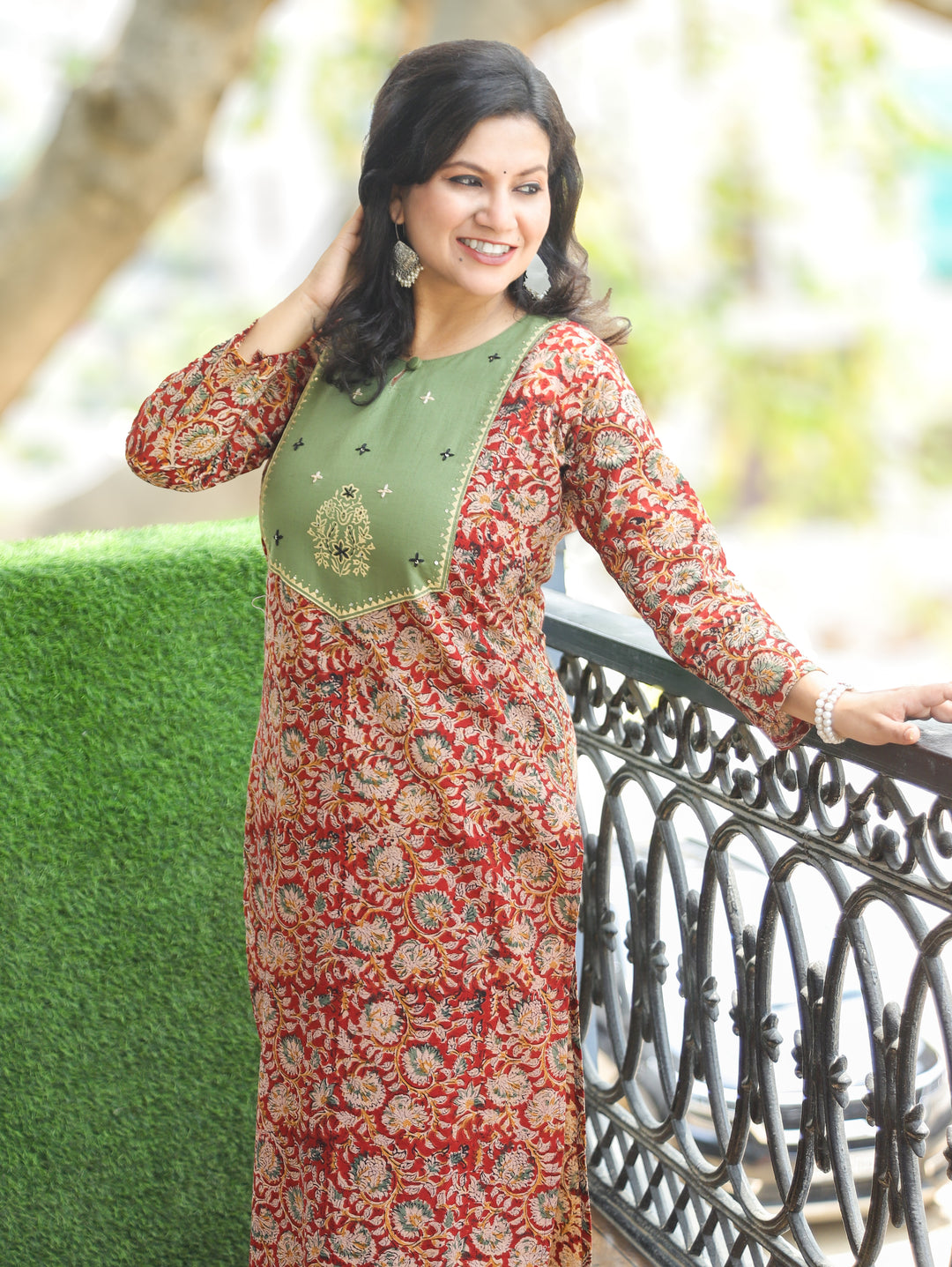 Darla Green Red Kalamkari Cotton 2 PIece Set