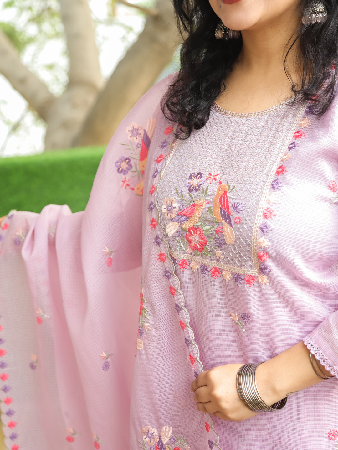 Nandini Orchid Purple Moti with Bird Embroidered Yoke Work Kota Doriya 3 Piece Set