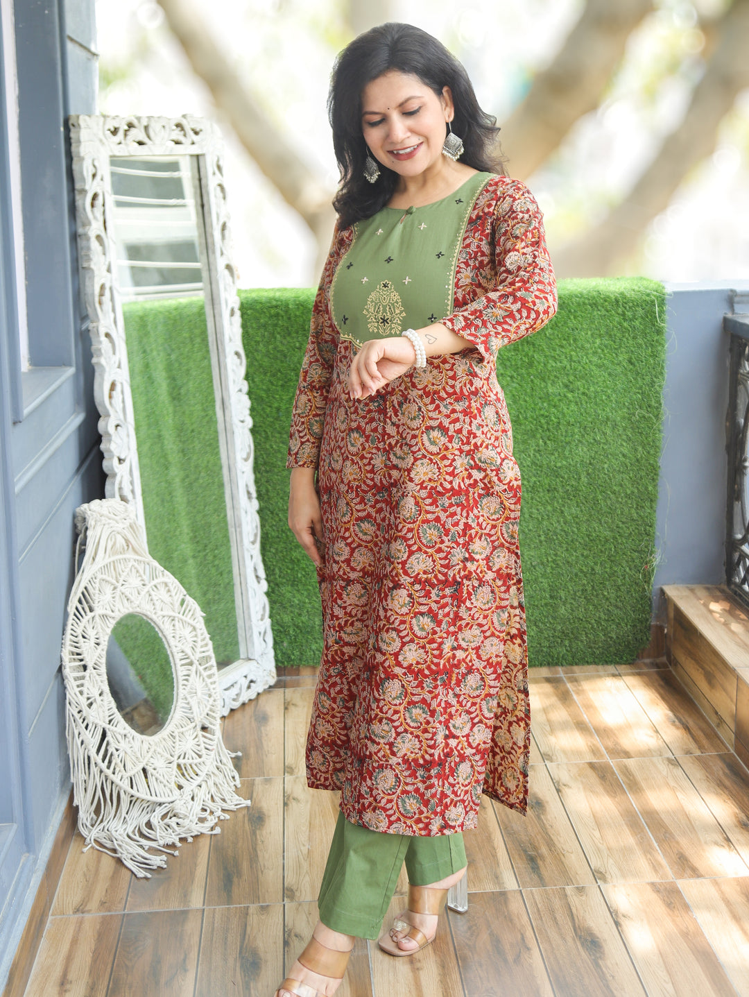 Darla Green Red Kalamkari Cotton 2 PIece Set