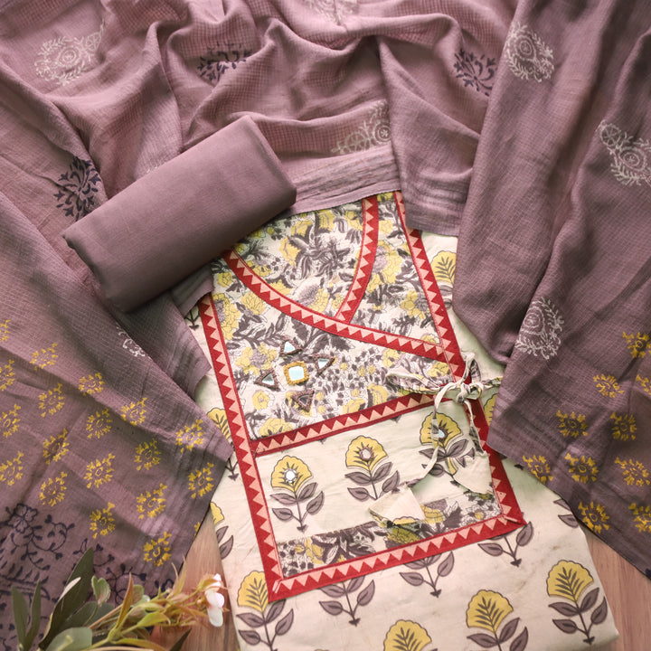 Shakuntala Hazel Tan Angrakha Neck Kutch Work Cotton Set D3