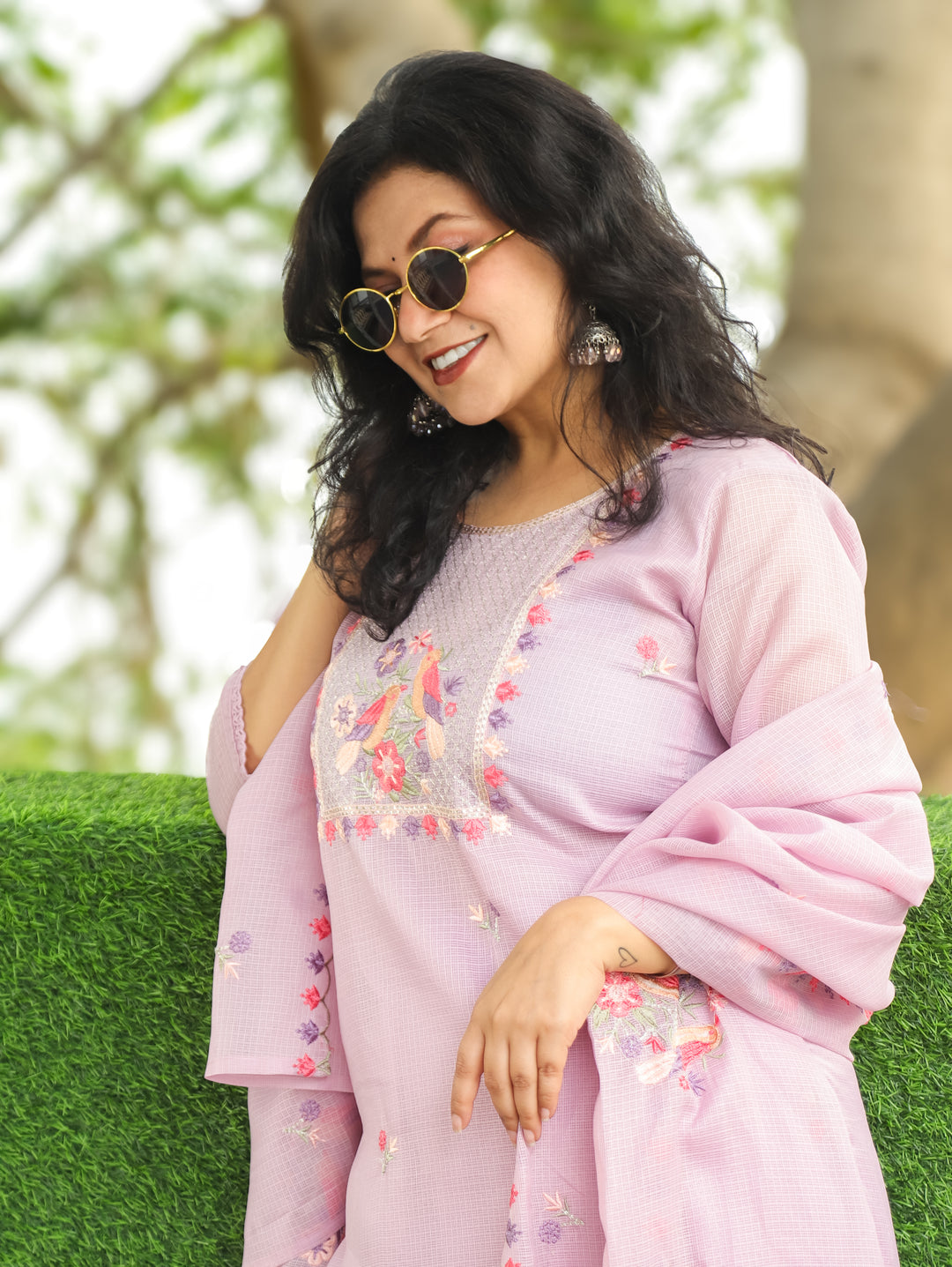 Nandini Orchid Purple Moti with Bird Embroidered Yoke Work Kota Doriya 3 Piece Set
