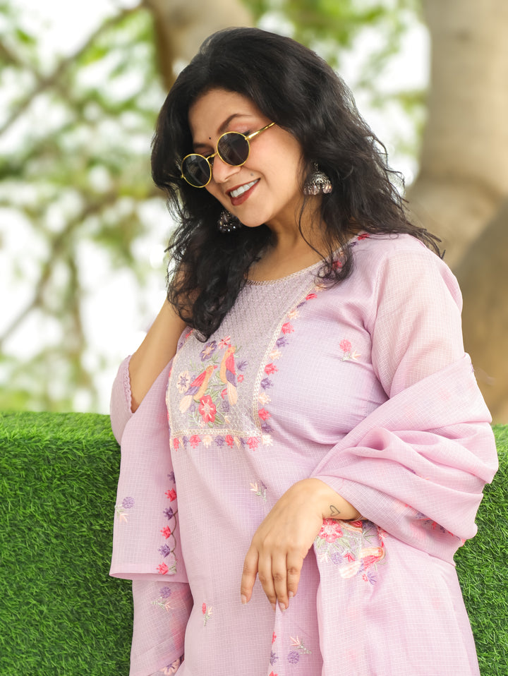 Nandini Orchid Purple Moti with Bird Embroidered Yoke Work Kota Doriya 3 Piece Set