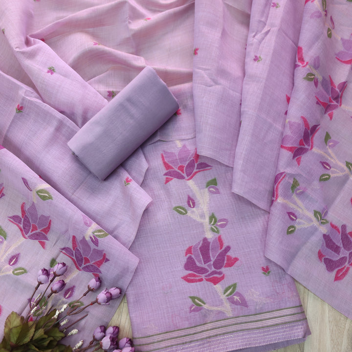 Jannat Lavender with Pink Authentic Floral Jamdani Weaved Suit Set