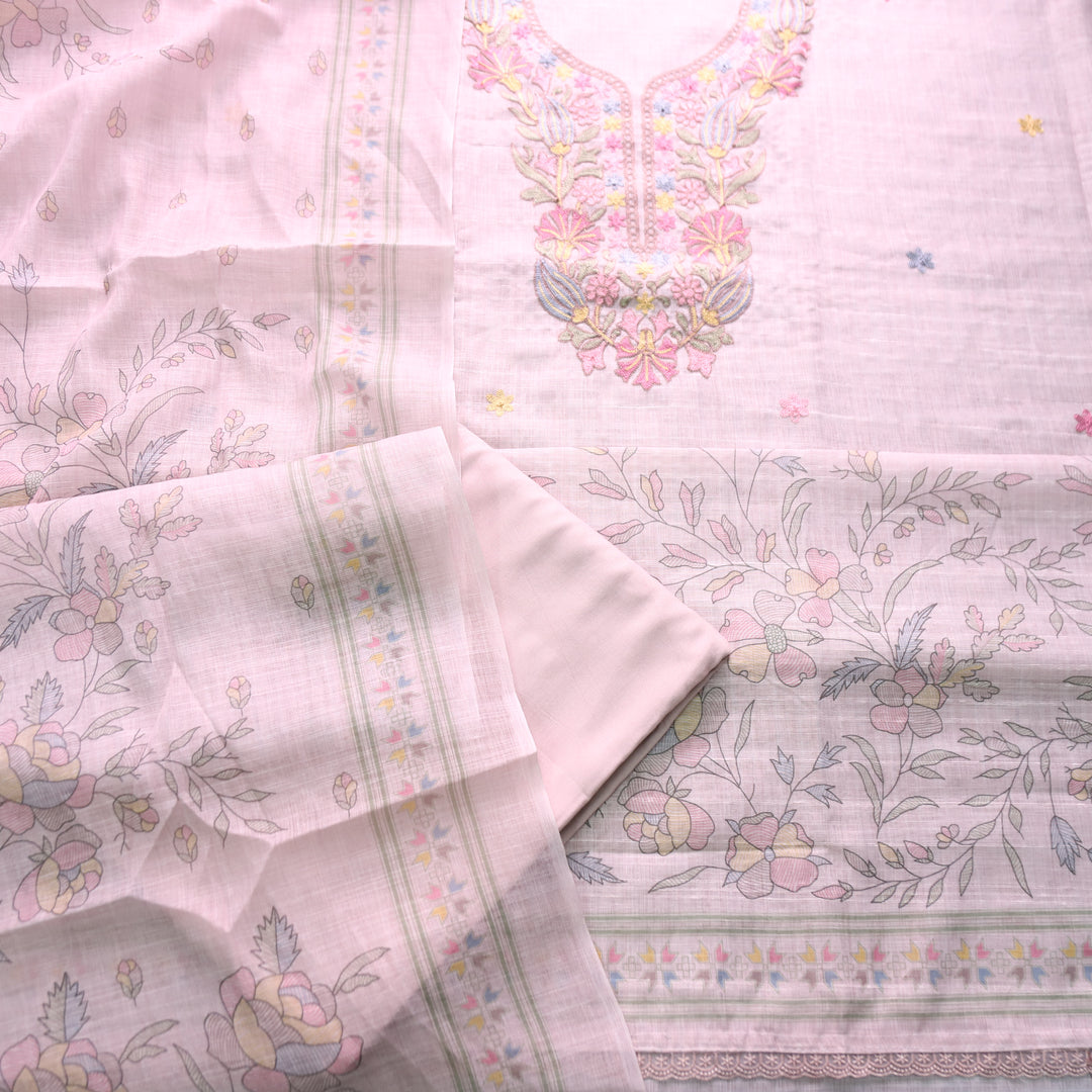 Bloom Powder Pink Kashida Embroidered Cotton Linen Set