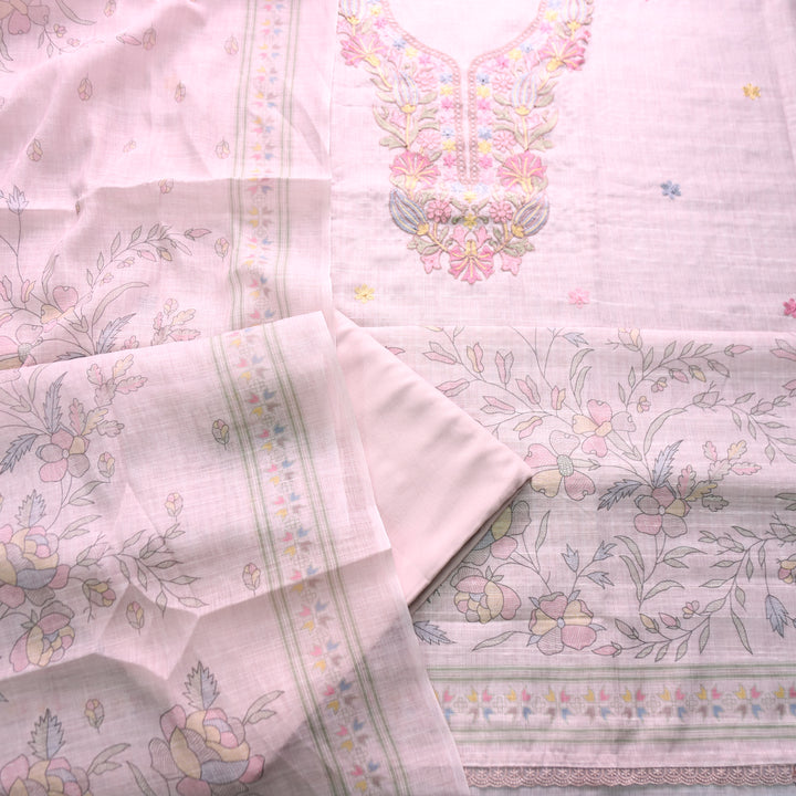 Bloom Powder Pink Kashida Embroidered Cotton Linen Set