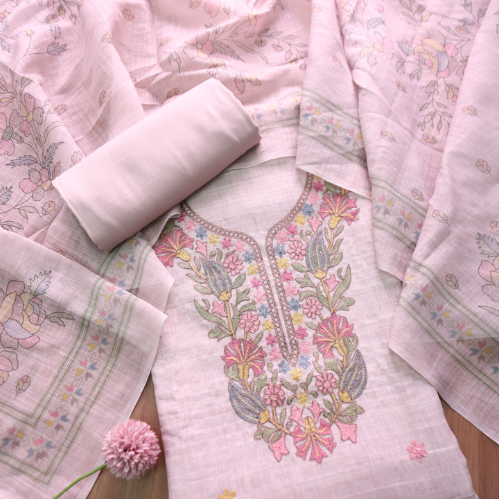 Bloom Powder Pink Kashida Embroidered Cotton Linen Set