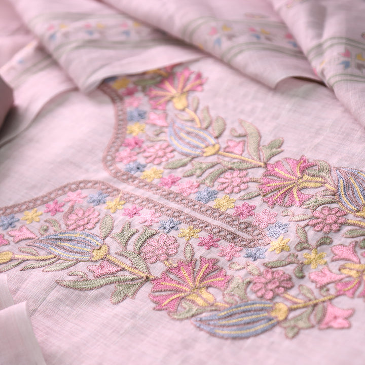 Bloom Powder Pink Kashida Embroidered Cotton Linen Set