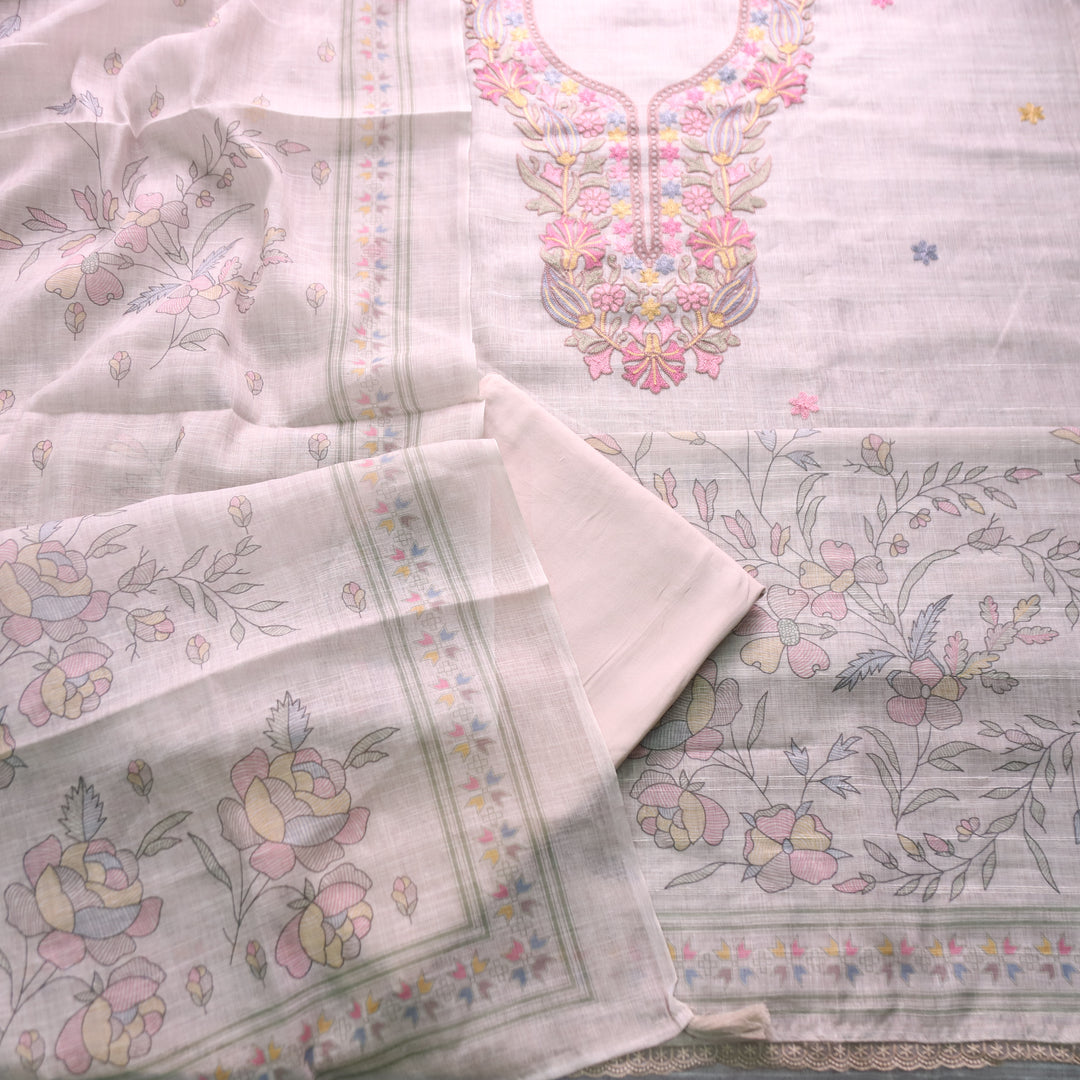 Bloom Buttermilk Beige Kashida Embroidered Cotton Linen Set
