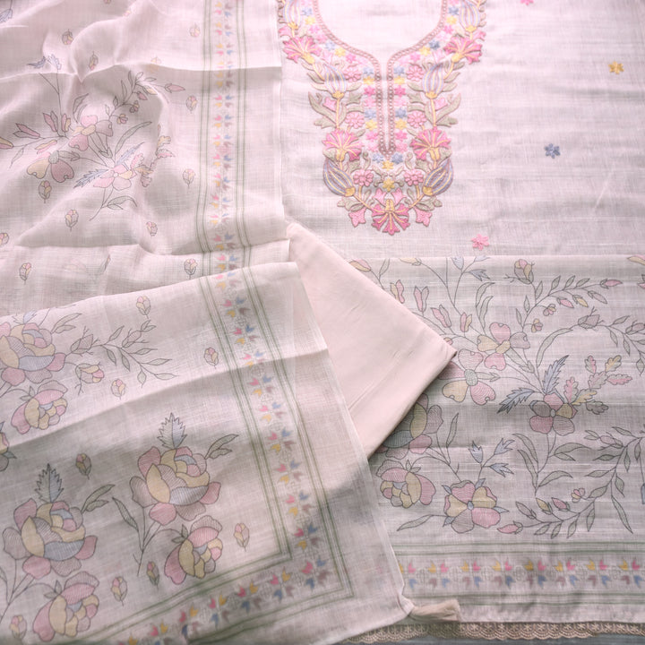 Bloom Buttermilk Beige Kashida Embroidered Cotton Linen Set