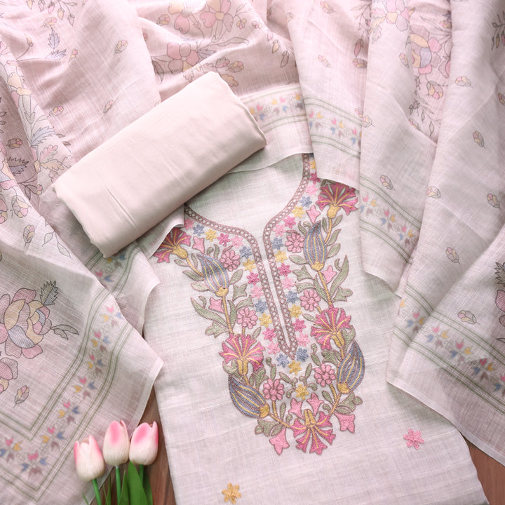 Bloom Buttermilk Beige Kashida Embroidered Cotton Linen Set