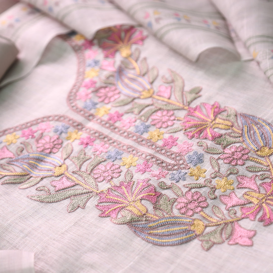 Bloom Buttermilk Beige Kashida Embroidered Cotton Linen Set