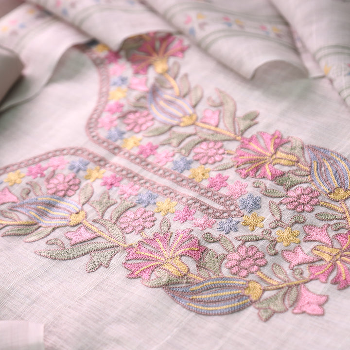 Bloom Buttermilk Beige Kashida Embroidered Cotton Linen Set