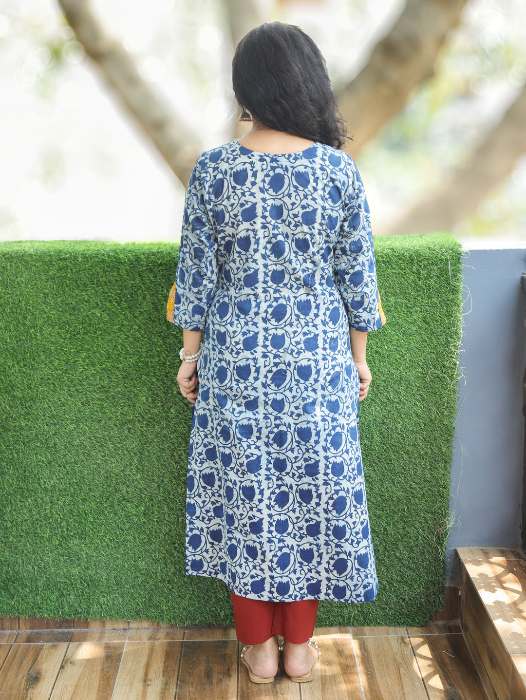 Kajal Stone Blue Floral Dabu Printed Cotton Kurti