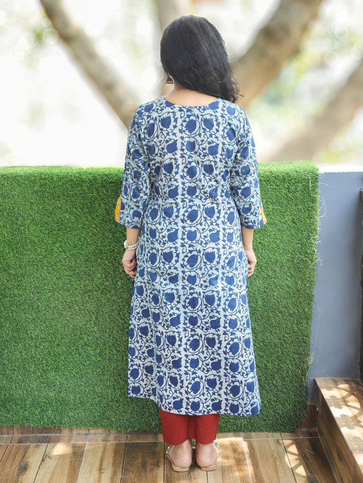 Kajal Stone Blue Floral Dabu Printed Cotton Kurti