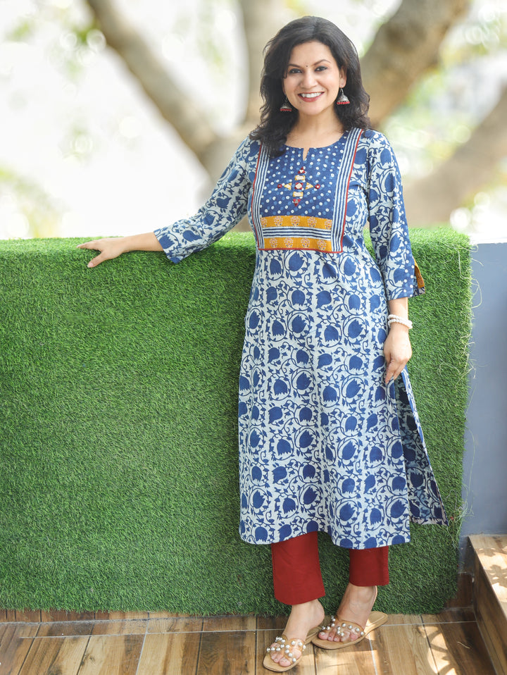 Kajal Stone Blue Floral Dabu Printed Cotton Kurti