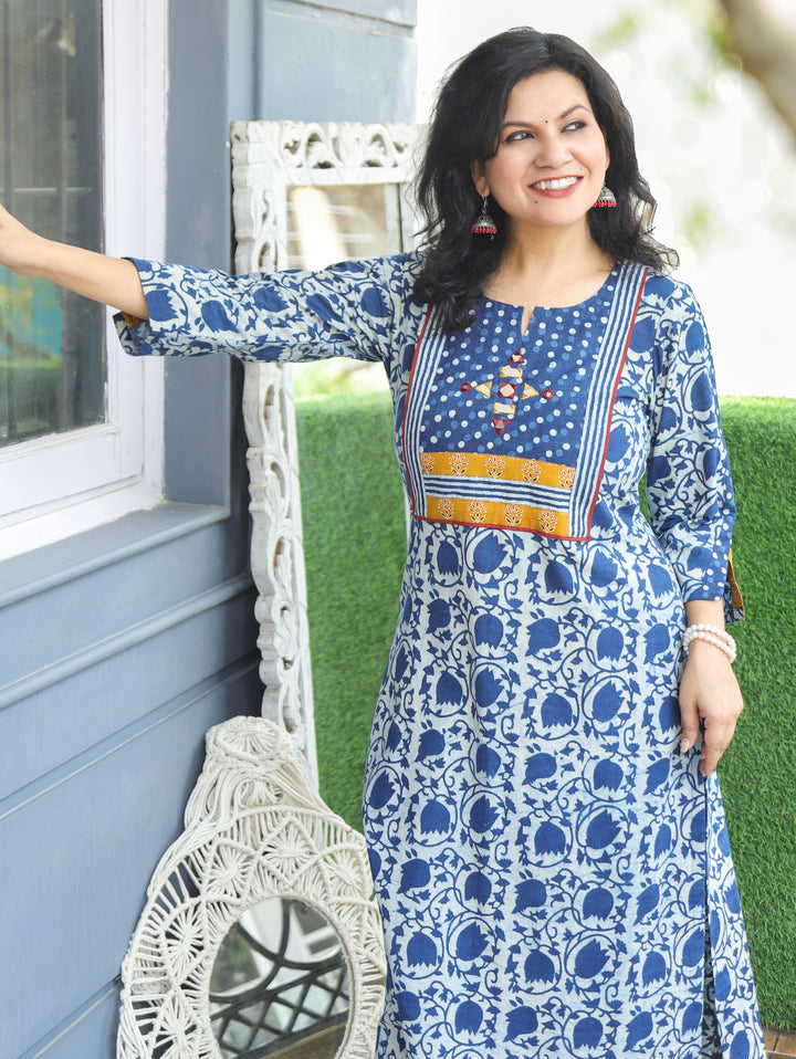 Kajal Stone Blue Floral Dabu Printed Cotton Kurti