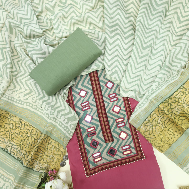 Farnaz Punch Pink Mirror Work Cotton Top Suit with Gajji Silk Dupatta