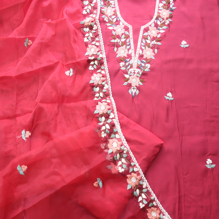 Riwayaat Cranberry Pink Chikankari inspired Neck Work Modal Suit Set