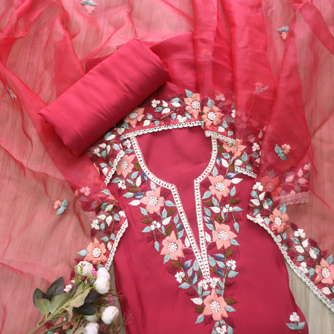 Riwayaat Cranberry Pink Chikankari inspired Neck Work Modal Suit Set